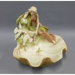 Royal Dux Art Nouveau figure and clam shell bowl table centrepiece, pink triangle backstamp, 34cm