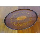 Mahogany and satin inlaid oval tray with brass handles, 67 x 44cm