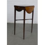 Mahogany drop leaf table with a single drawer, on slender tapering legs and cross stretcher, 69 x 43