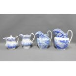 19th century Staffordshire blue and white transfer printed jugs to include Prince Albert, Family