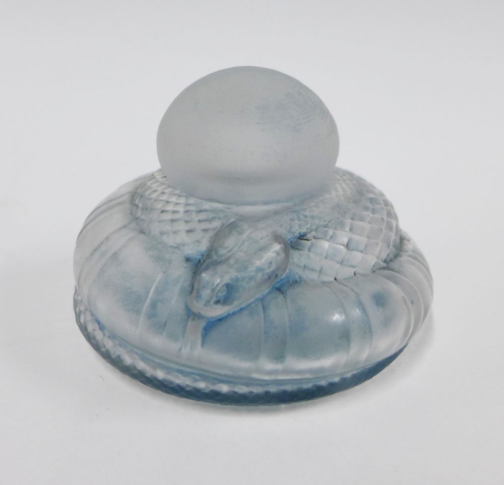 Luzia, French Art Nouveau pale blue glass serpent inkwell, 9cm wide