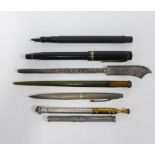 Vintage silver cased ball point pen, filigree nib holder, white metal propelling pencils, Onoto