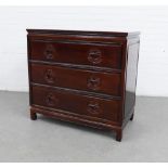 Chinoiserie hardwood chest, the rectangular top over four long drawers, on stylised bracket feet, 91