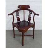 Chinese corner chair with blossom pierced splats, solid seat and cross stretcher 69 x 88cm