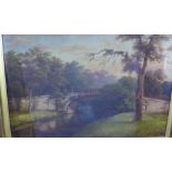 19th century school oil on canvas of a bridge and river scene, apparently unsigned, under glass
