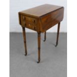 19th century mahogany and satin inlaid work table, rectangular top with drop flaps and two drawers