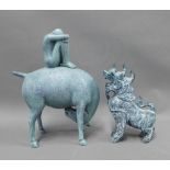 Contemporary blue glazed pottery horse and figure group, signed Bridge and dated 1998, repaired,