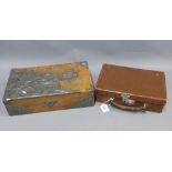 Early 20th century pewter mounted rectangular box with dragon pattern and a small brown leather