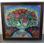 Campbell Smith (Scottish) large pastel still life bowl of red tulips, signed and framed under glass,