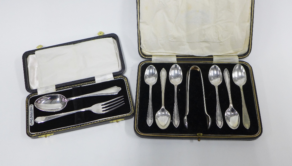 Silver fork and spoon cased set, Birmingham 1953 and a cased set of six Epns teaspoons with sugar