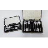 Silver fork and spoon cased set, Birmingham 1953 and a cased set of six Epns teaspoons with sugar