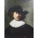 Polish School, an oil on canvas laid down on board, portrait of Rembrandt, unsigned, 52 x 68cm