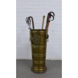 Brass stick stand and a collection of vintage walking sticks, etc (a lot)