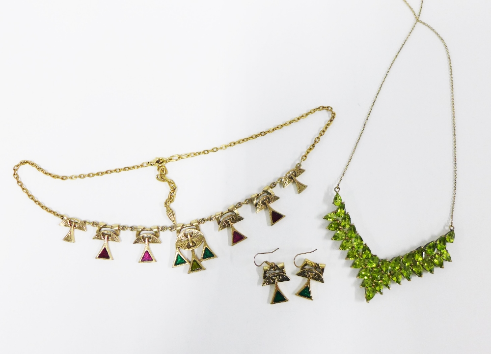 Silver gilt green paste necklace and a costume jewellery necklace and matching earrings (3)