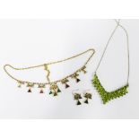 Silver gilt green paste necklace and a costume jewellery necklace and matching earrings (3)