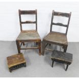 Two Provincial Scottish oak side chairs, a Scottish pine creepie stool and another, (4)