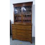 Late 18th / early 19th century mahogany inlaid secretaire bookcase cabinet, cornice top with