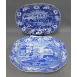 19th century Spode blue and white transfer printed meat dish and another, largest 52cm (2)