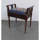 Mahogany piano stool with lift up seat, tapestry upholstery, classical frieze and reeded legs, 58