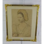 Hand coloured print of a young woman, under glass within a good quality giltwood frame, size overall