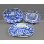 19th century Staffordshire blue and white transfer printed ashets to include Rural Scenery, Tree and