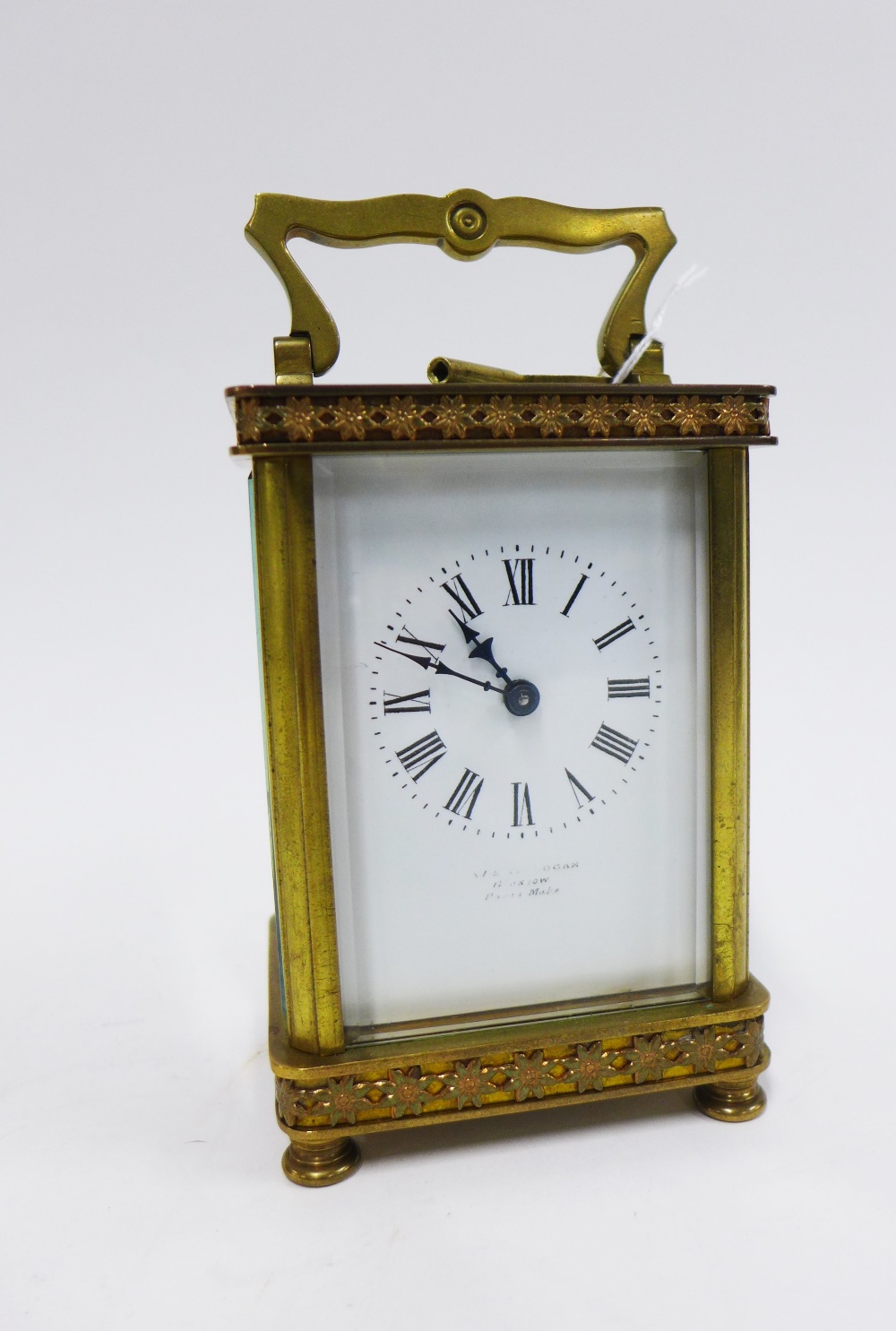 French carriage clock, brass case with glass panels, enamel dial with Roman numerals, inscribed