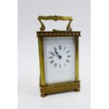 French carriage clock, brass case with glass panels, enamel dial with Roman numerals, inscribed