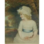 Coloured mezzotint of a young girl, signed indistinctly and framed under glass, 21 x 26cm