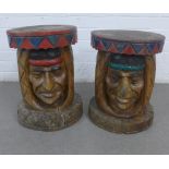 Two carved and painted wooden stump stools, 30 x 41cm (2)