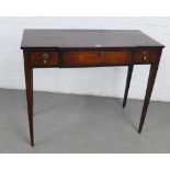 Mahogany breakfront side table, rectangular top over one long and two short drawers, on square