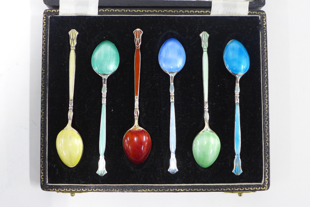 Cased set of six silver and harlequin enamelled spoons, Henry Clifford Davis, Birmingham 1952 (6) - Image 3 of 3