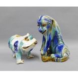 Chinese glazed pottery toad and dog figures, tallest 19cm (2)