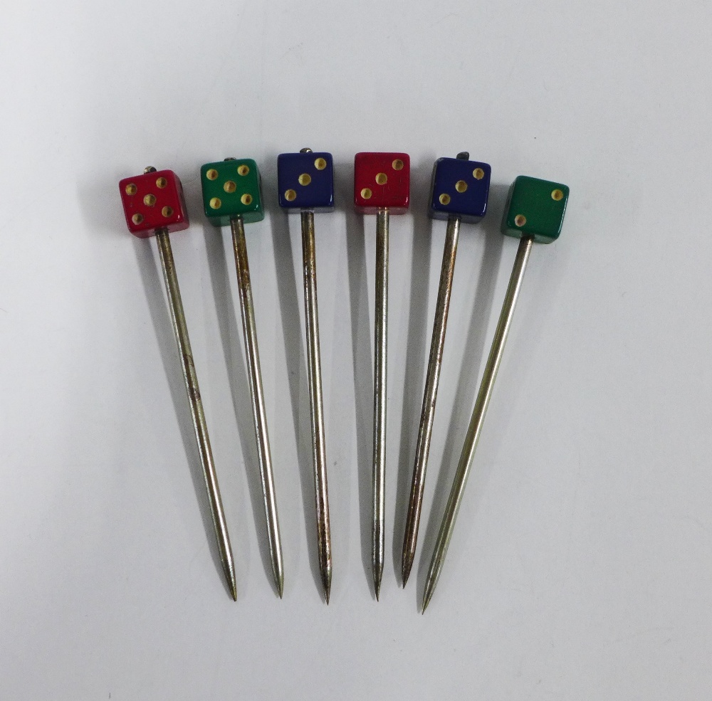 Novelty set of six Epns dice cocktail sticks in a circular stand, 13cm high - Image 2 of 2