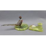 Early 20th century ashtray with a cold painted bronze Pheasant on a green onyx base, 19cm, and a