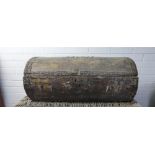 Antique wooden trunk of barrel form with worn leather covering and stud work initials HW, green