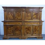 Italian baroque style walnut and parquetry double cabinet of large proportions, 236 x 182 x 49cm