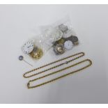 Various pocket watch parts, tiepin and two gold plated chains, etc (a lot)