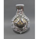 Early 20th century French pottery vase with enamelled pattern of stylised birds, 17cm