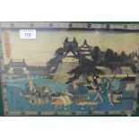 Japanese woodblock, a scene from Act III from the revenge of the loyal retainers, framed under