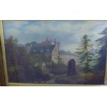 19th century school oil on canvas of a castle scene, apparently unsigned, under glass within an