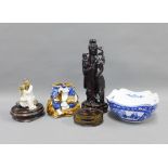 Mixed lot of Chinese and Japanese items to include a carved figure, blue and white bowl, fisherman