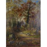 Autumn woodland scene, oil on canvas, signed indistinctly, in an ornate gilt frame, 45 x 60cm