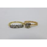 9ct gold diamond solitaire ring and a five stone diamond ring in a unmarked yellow metal band (2)