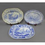 Three Staffordshire blue and white transfer printed ashets to include Brameld, Cattle Scenery and