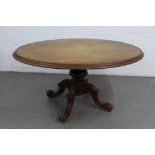 Victorian mahogany tilt top table, with a circular top on a baluster column with quadruple legs