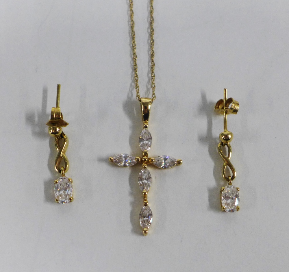 14ct gold and paste set crucifix necklace and a pair of 14ct gold drop earrings (2)