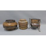 Two Vietnamese baskets and a copper planter, 19cm (3)