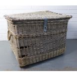 Large antique basket, likely woven willow, hinged lid and void interior, leather bound edging and