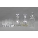 Three various cut glass decanters and stoppers, silver Sherry decanter labels, nine beakers, etc (