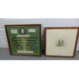 Coloured golfing print and a framed set of miniature golf clubs - replicas of clubs used by